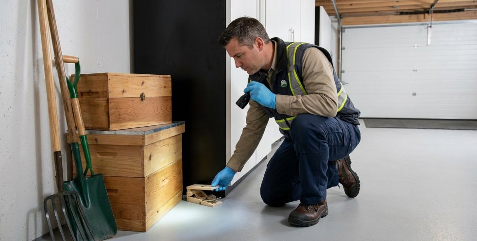 Pest control technician inspecting a mouse trap in a garage